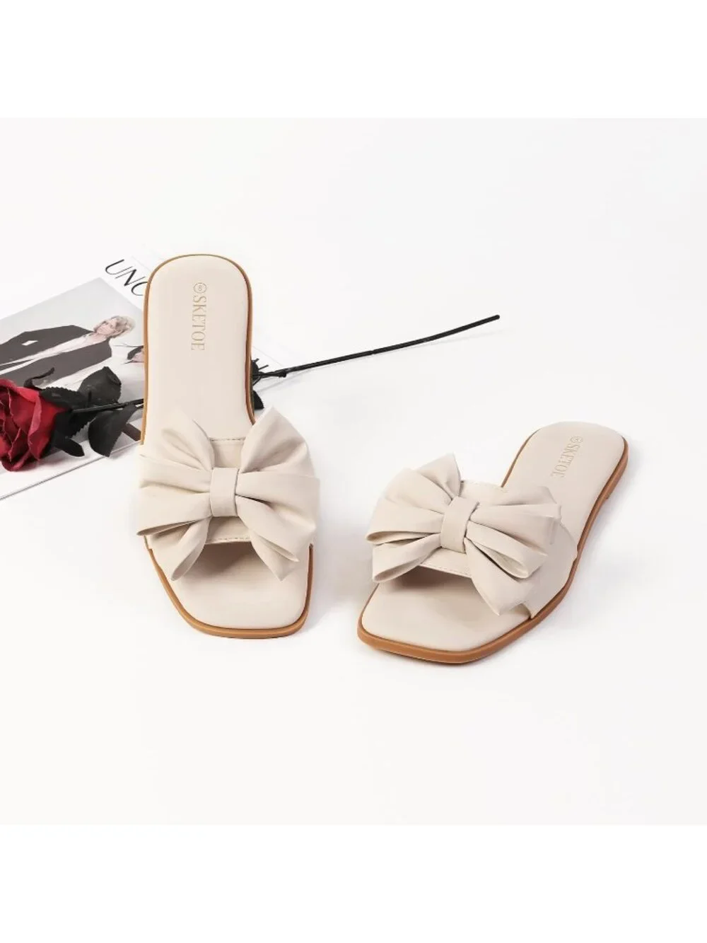 Women's Nude Faux Leather Bow Flat Sandals Open Saquare Toe Comfortable Slide